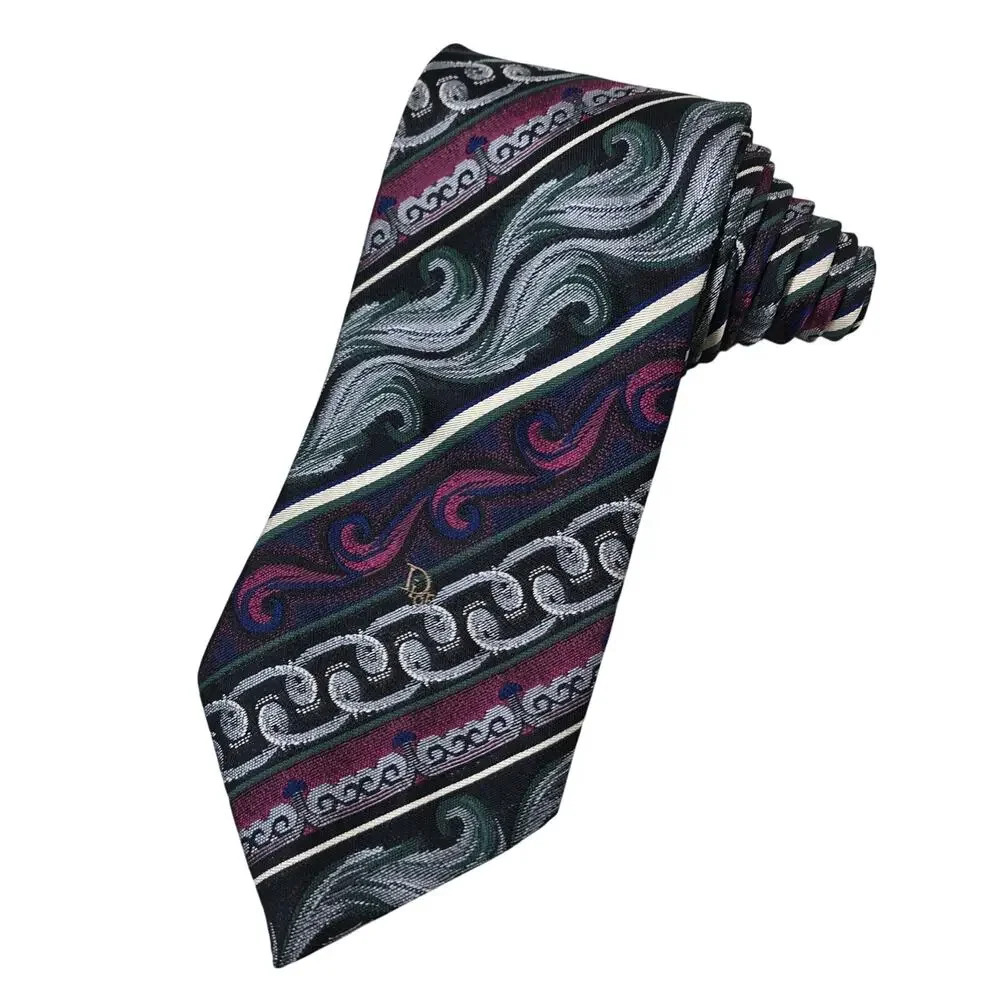 Vintage Chrstian Dior Necktie Poly Silk Blend Paisley Dark Pink Blue Green Black